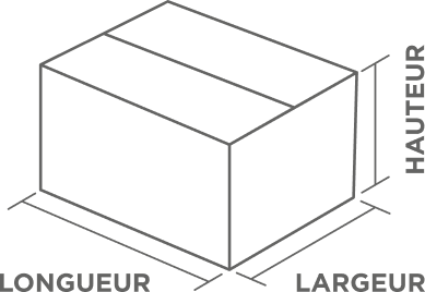 Croquis d'une boîte à deux volet plié et fermé avec des mesures pour la hauteur, longueur et largeur.