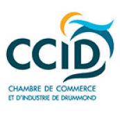 Logo de la Chambre de commerce et d’industrie de Drummond et quatre demi-lunes bleus ou jaunes entourant l’acronyme.