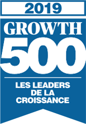 Logo bleu et blanc attribué par le Canadian Business pour la mention de l'entreprise dans les 500 leader de croissance 2019.