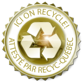 Logo d’attestation or avec le symbole de recyclage de Recyc-Québec pour l’initiative ICI on recycle.