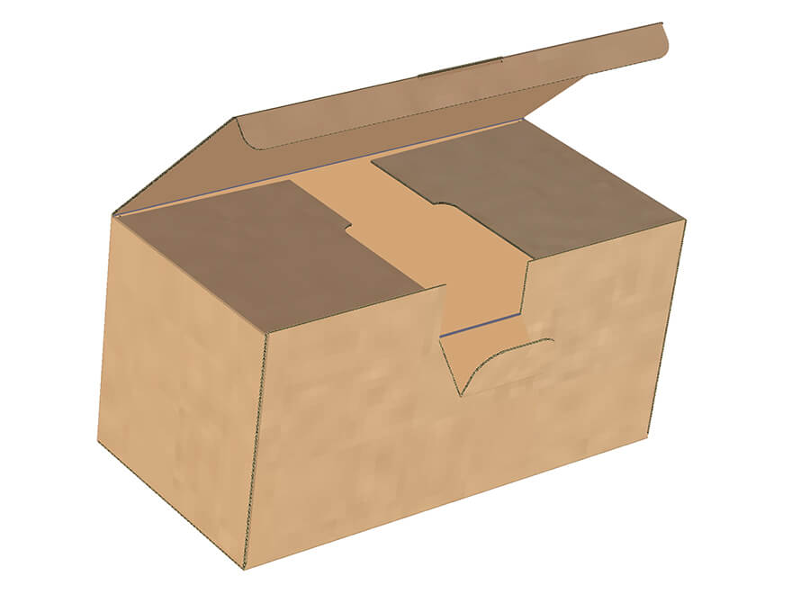 Boîte avec une sangle en carton qui traverse la boîte de fond pour sécuriser son contenu.