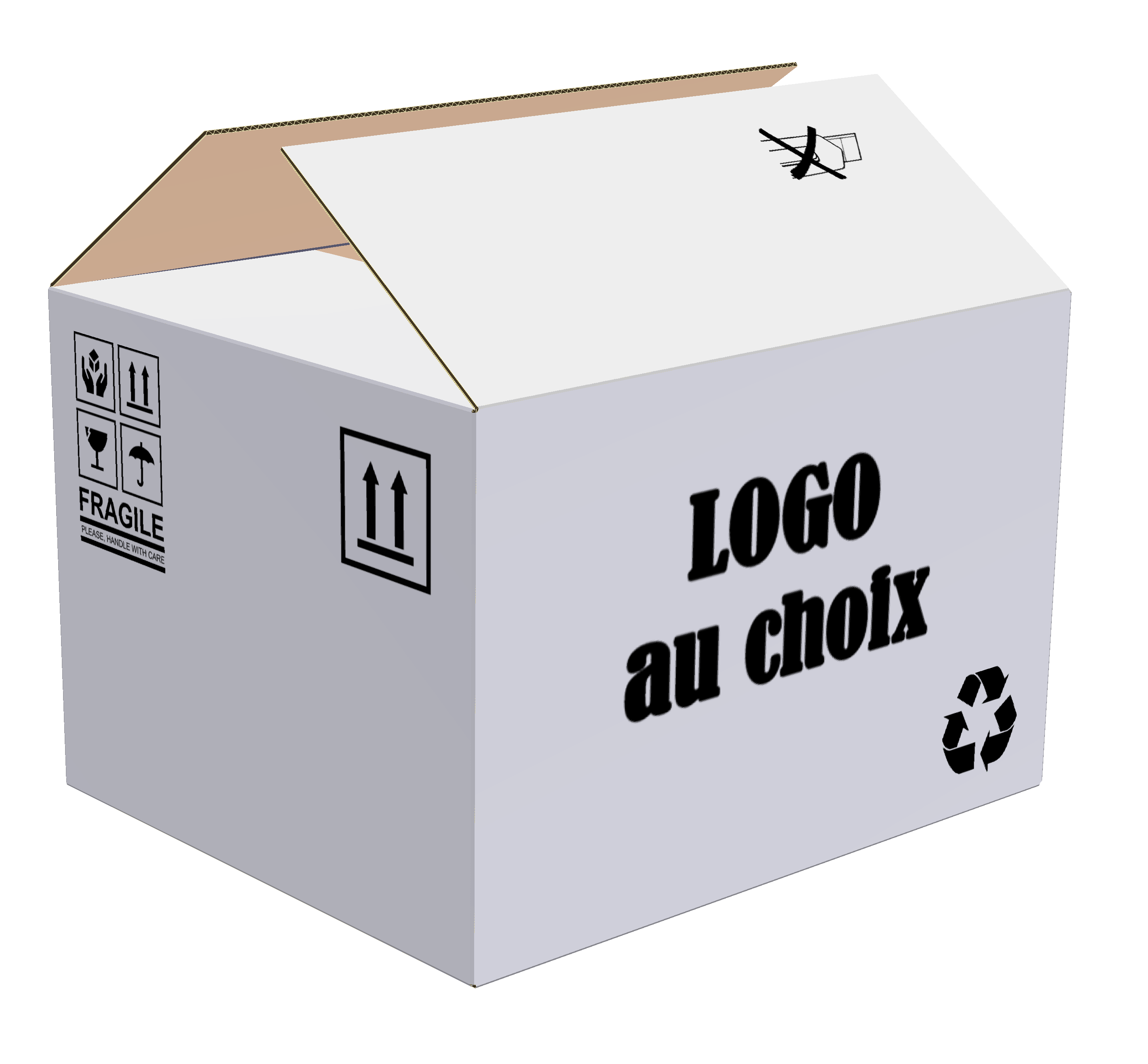 Boîte régulière RSC blanche, personnalisée avec de l'écriture directement sur la boîte. 