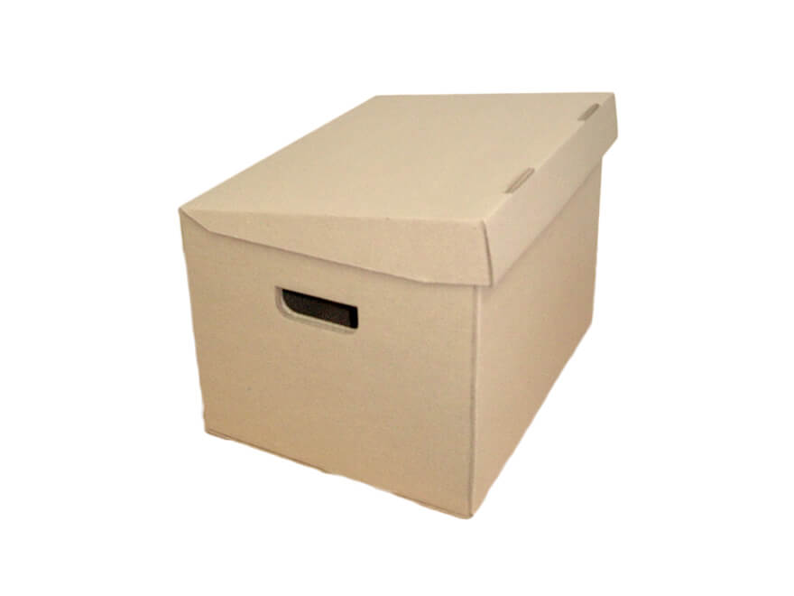 Brown box with a fold-over lid and side handles. 