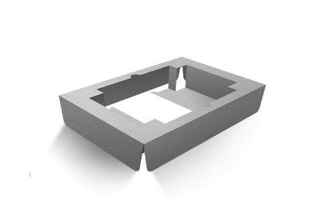 Maquette grise d’un couvercle de boîte personnalisé avec un trou carré au centre et 4 panneaux latéraux.
