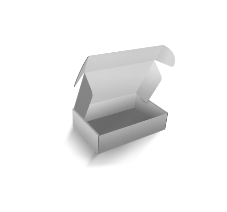 Grey mock-up of a shipping box pre-cut and with a fold-over lid. 