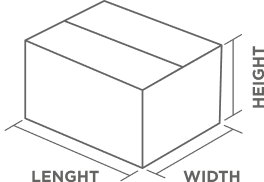 Sketch of a folded and closed box with measurements for height, length and width.