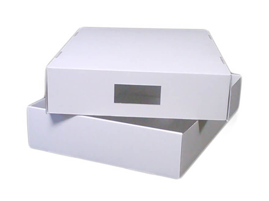 White box with a lid and a bottom tray with handles. 
