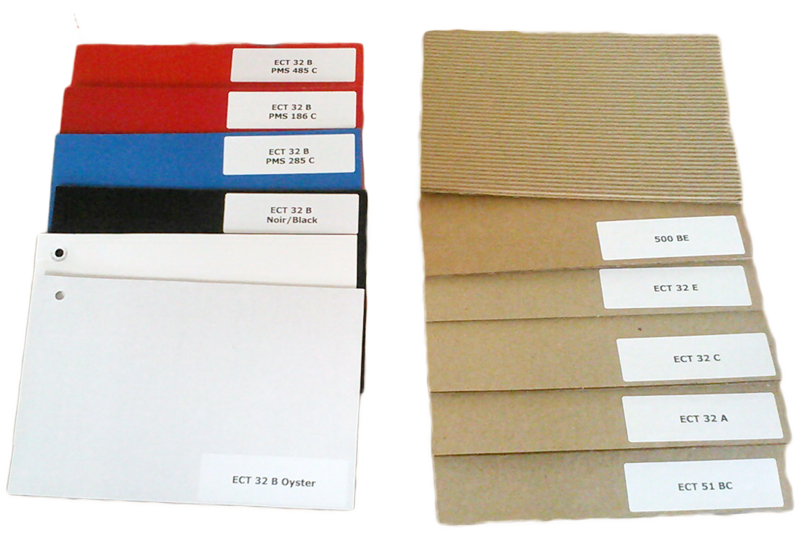Display of the cardboard colours available : red, blue, black, white and brown.
