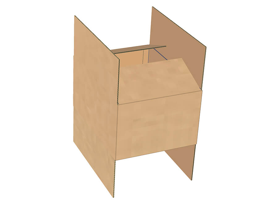 A brown regular slot container with its shortest flaps at the top and bottom folded. 