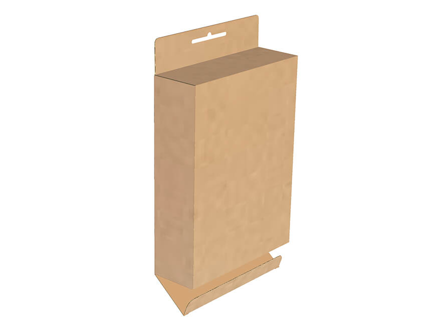 Precut cardboard packaging box with an upper panel created for the box to be hung. 