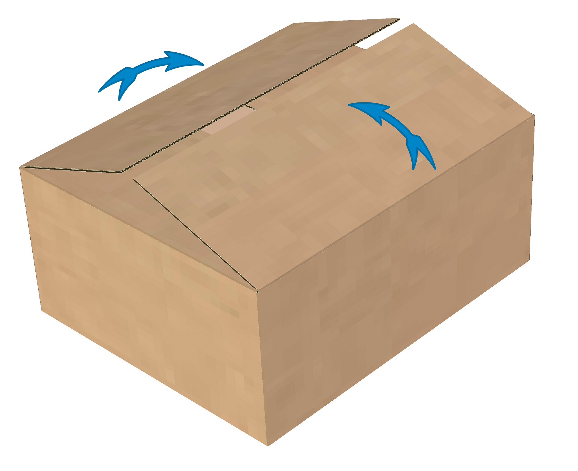 Suivre les flèches pour replier les volets longs pour fermer la boîte à rabats au fond en carton. 